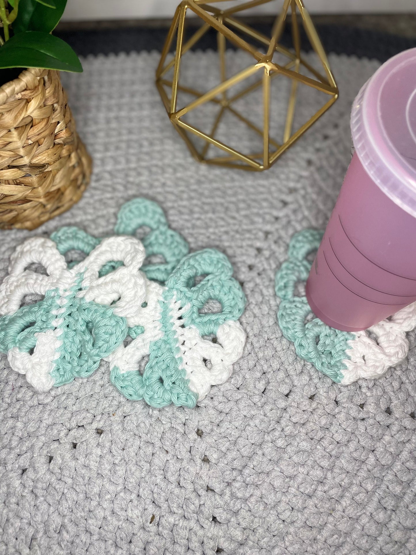 Crocheted Monstera Leaf Coasters and Pot Set of 4