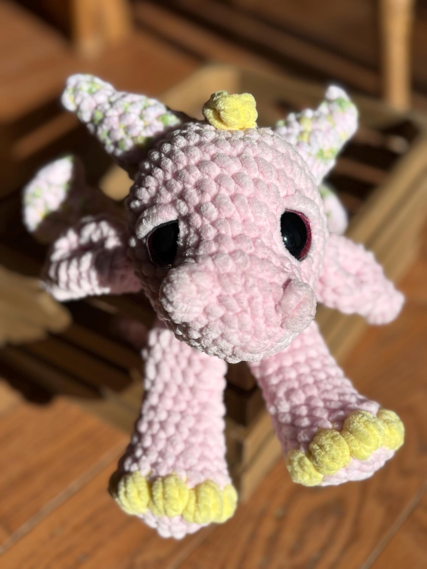 Crochet Lovey Pink Dragon Handmade Stuffie Plush Chenille Yarn Unstuffed Body
