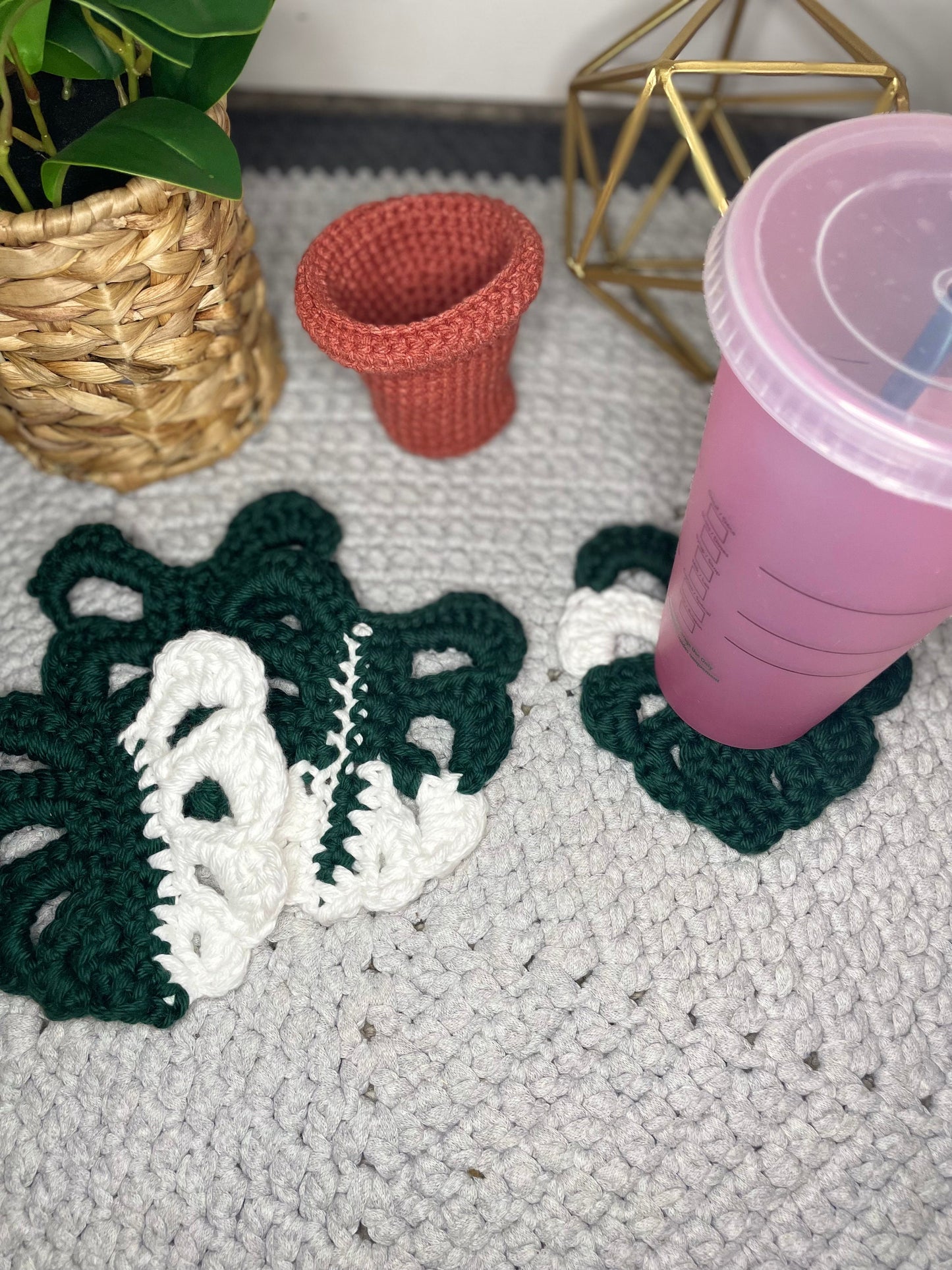 Crocheted Monstera Leaf Coasters and Pot Set of 4