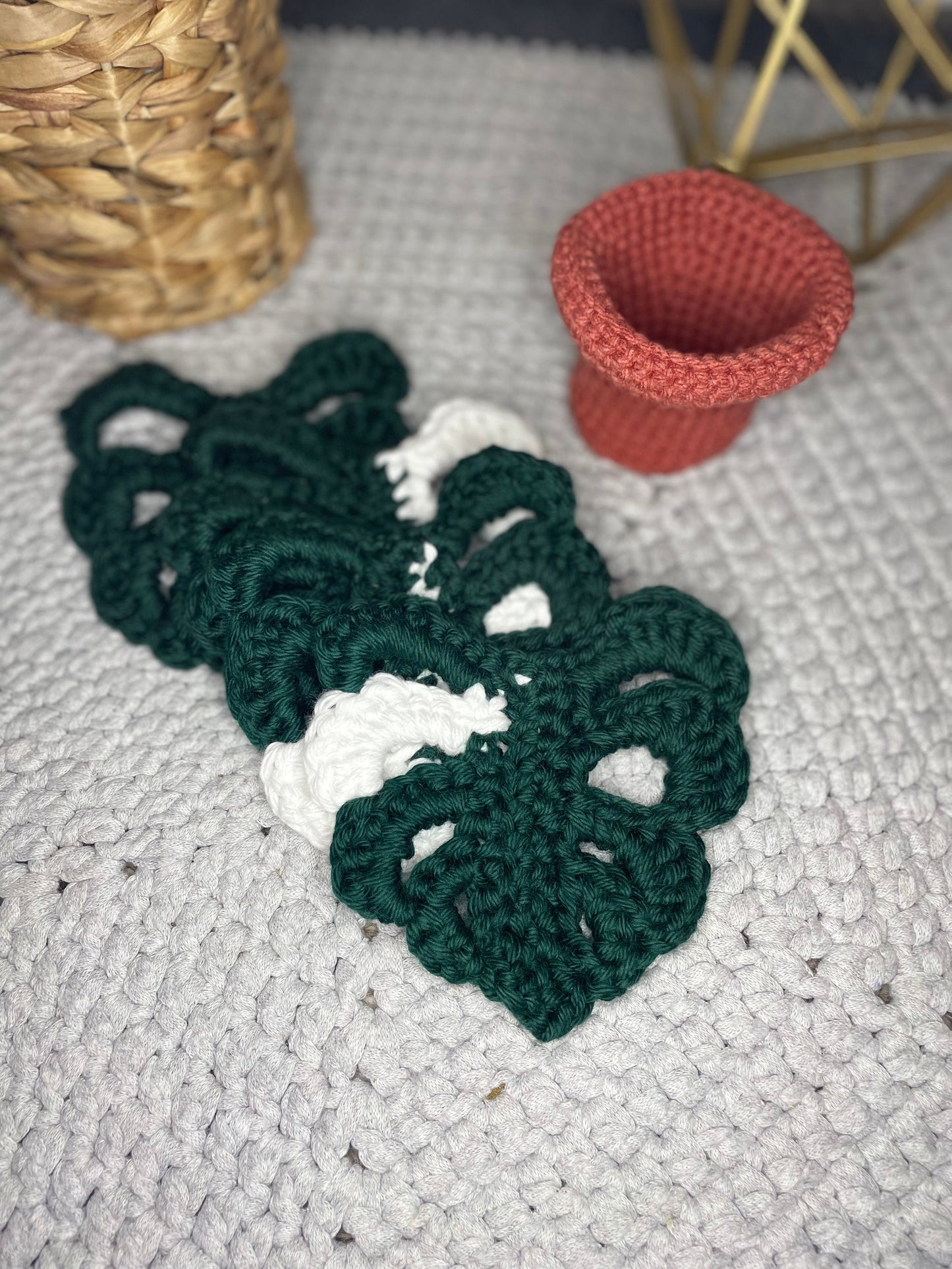 Crocheted Monstera Leaf Coasters and Pot Set of 4