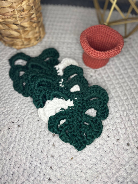 Crocheted Monstera Leaf Coasters and Pot Set of 4