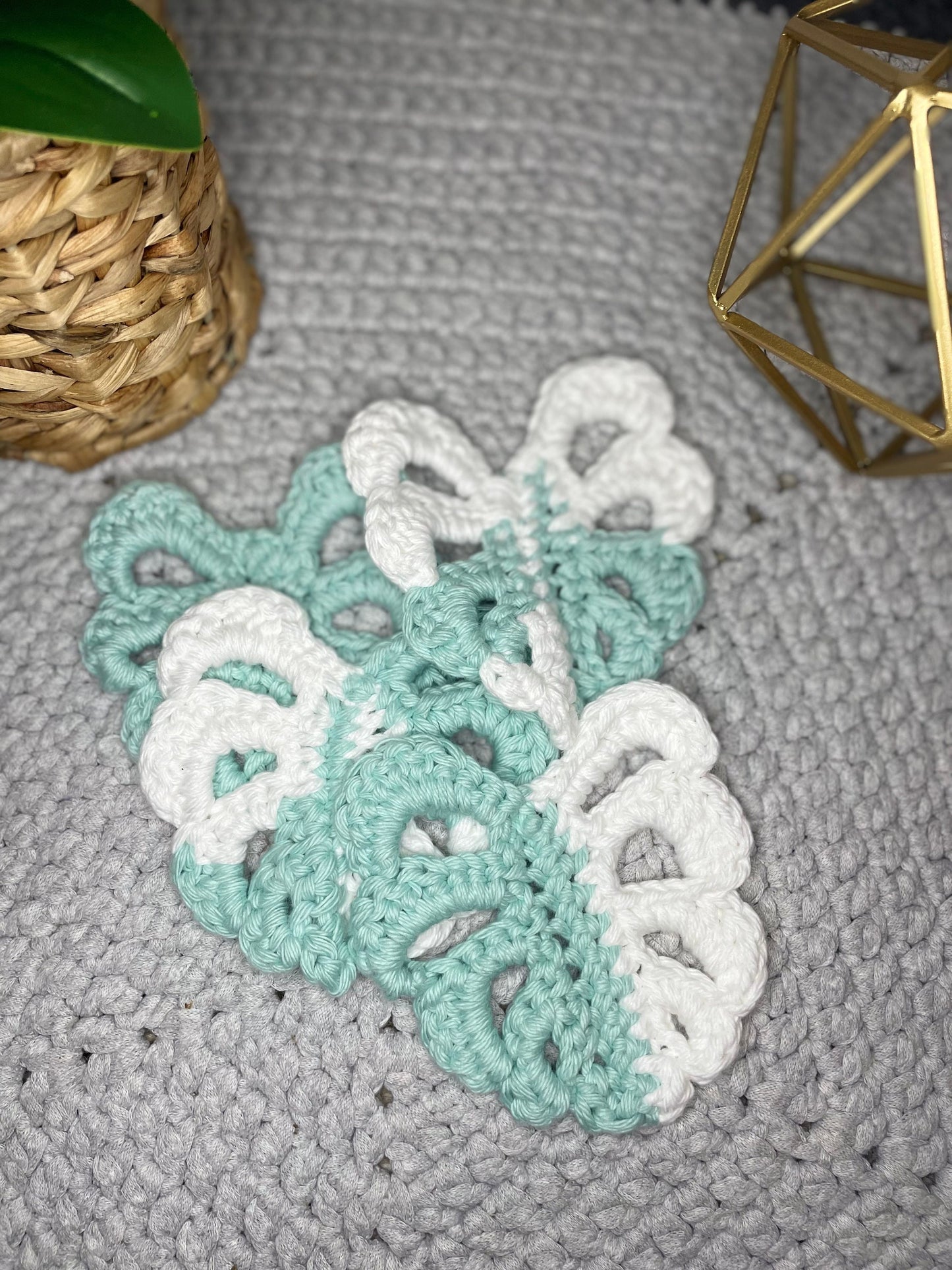 Crocheted Monstera Leaf Coasters and Pot Set of 4