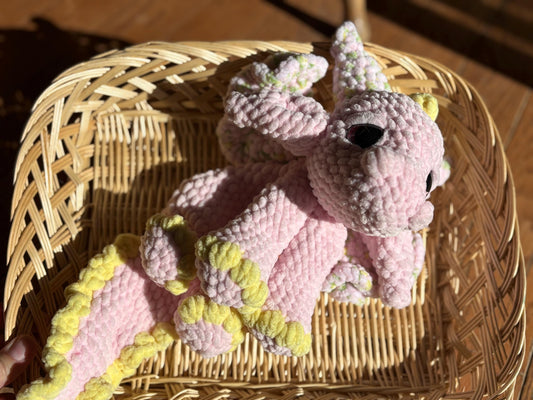 Crochet Lovey Pink Dragon Handmade Stuffie Plush Chenille Yarn Unstuffed Body