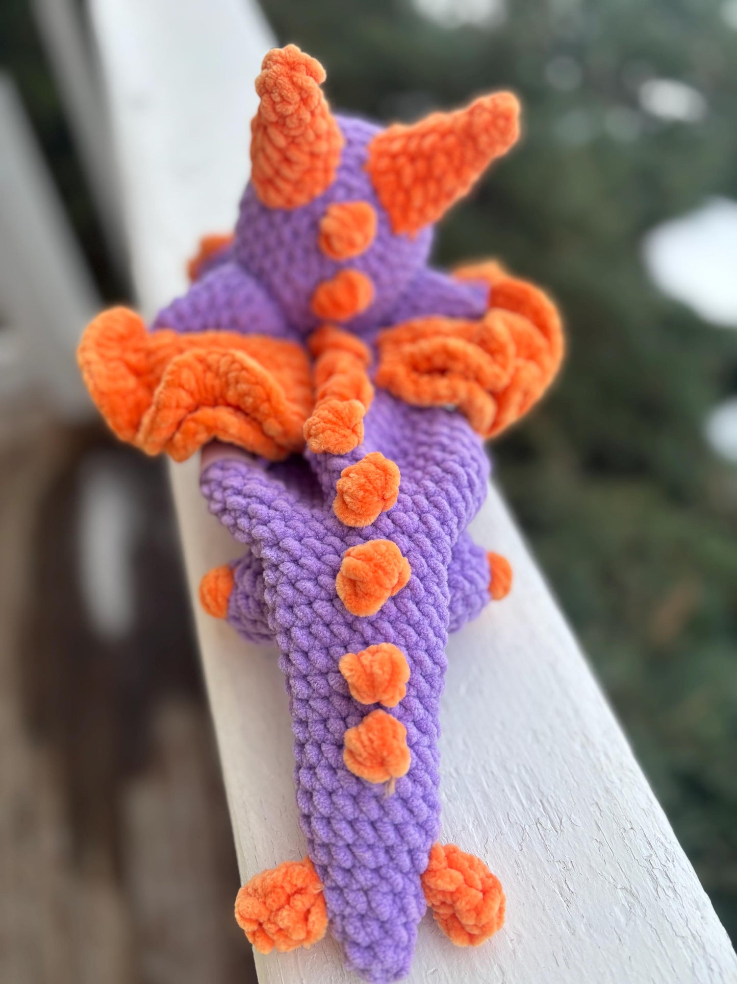 Crochet Lovey Putple and Orange Dragon Chenille Yarn Unstuffed Body